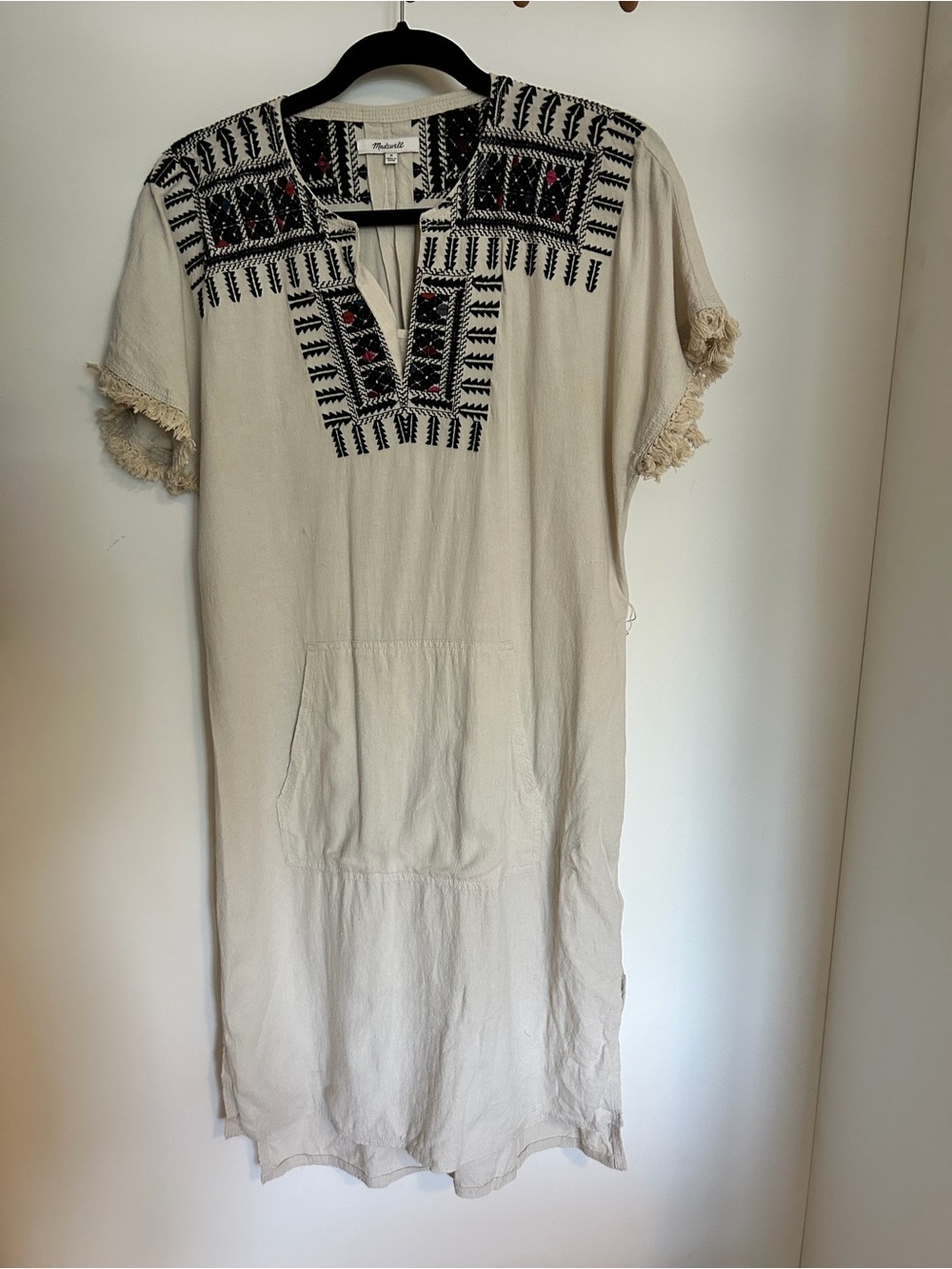 Madewell Hand-Embroidered Cream Boho Tunic Dress with Black Accent